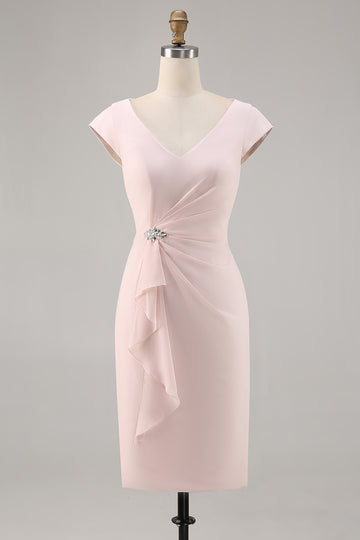 Candy Pink Bodycon V Neck Midi Mother of Bride Dress with Ruffles